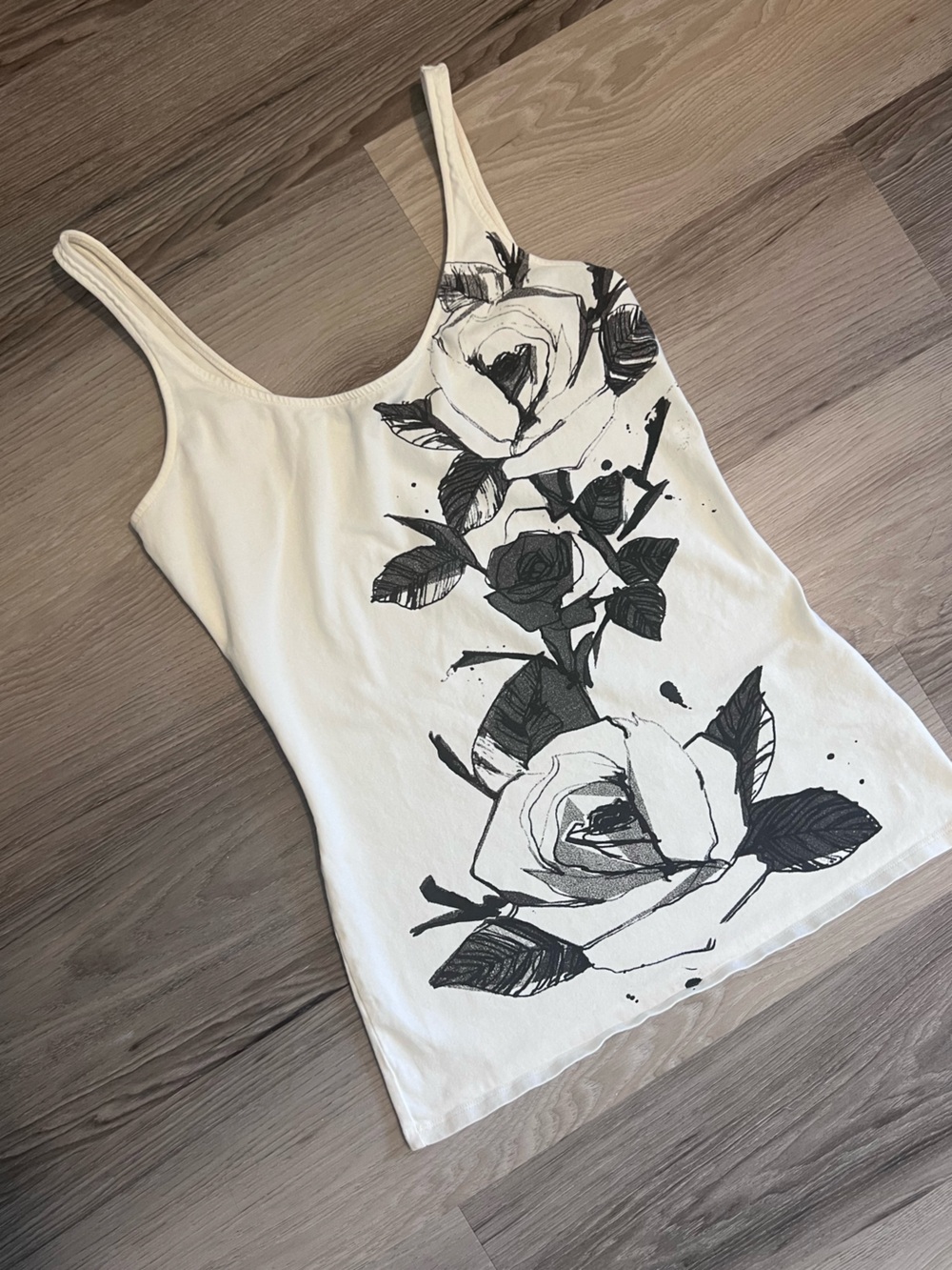 Express White Cotton Tank Top with Black Floral Rose Print